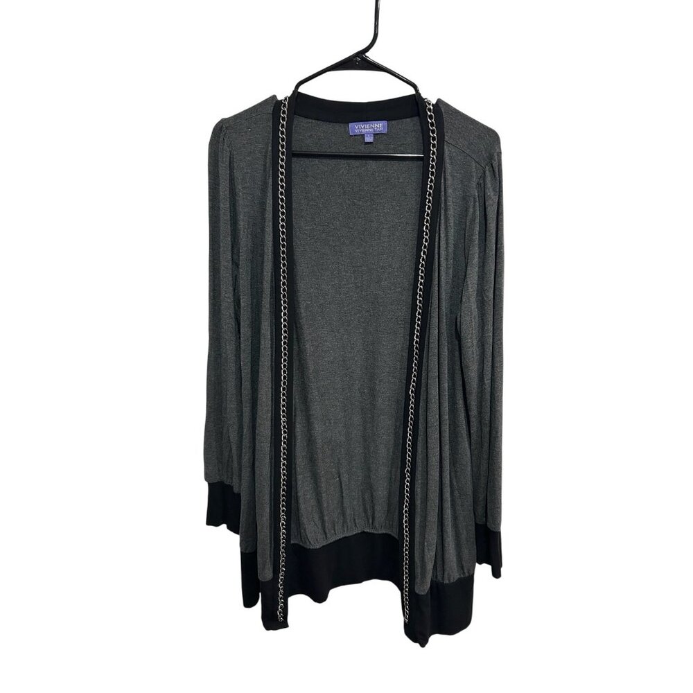 Vivienne Tam Gray Ribbed Cuffs Chain Trim Open Front Cardigan Sz Large Layering